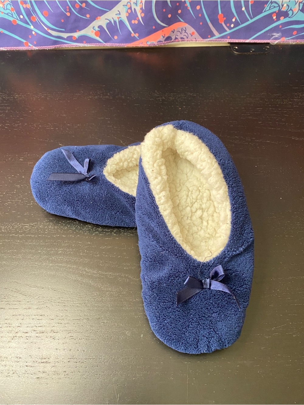 Plush Navy Blue Fleece Slipper Ballet Flats with Ivory Sherpa Lining